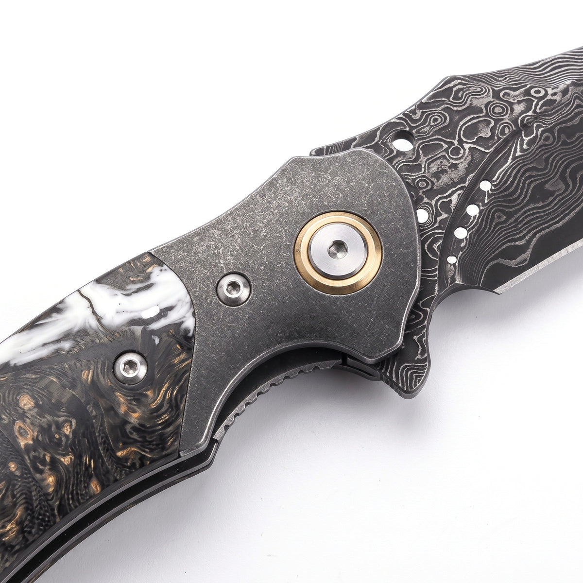 Creek 8" Damascus Pocket Knife | Burl, handle and fittings close-up
