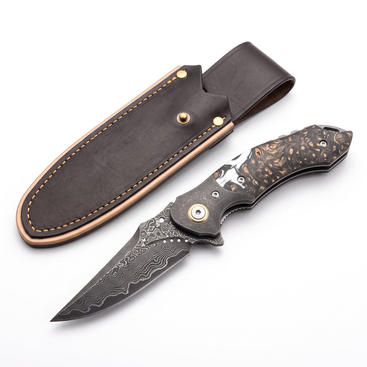 Creek 8" Damascus Pocket Knife | Burl, three-quarter view with the Crownridge belt slip