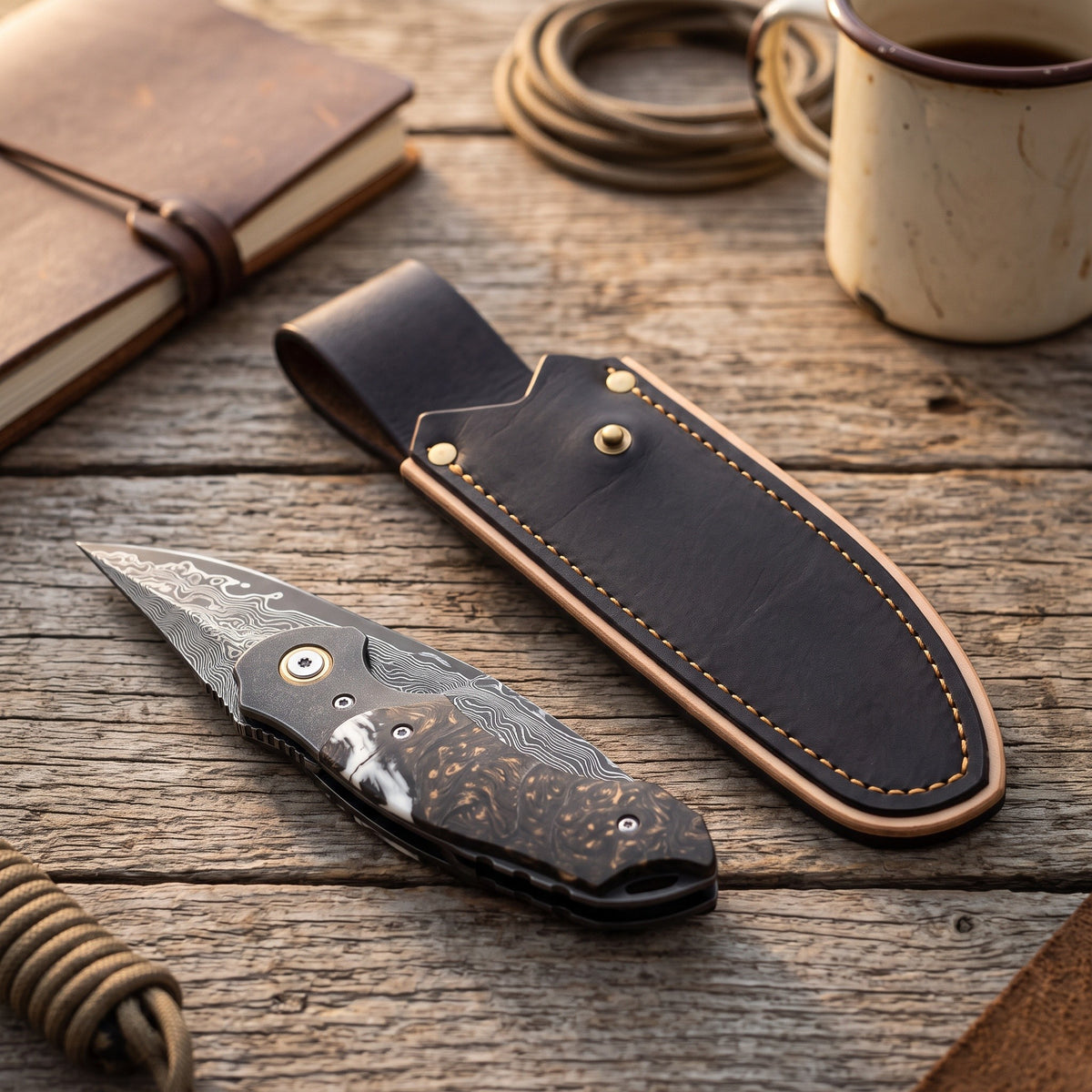 Creek 8" Damascus Pocket Knife | Burl, with the Crownridge belt slip in use