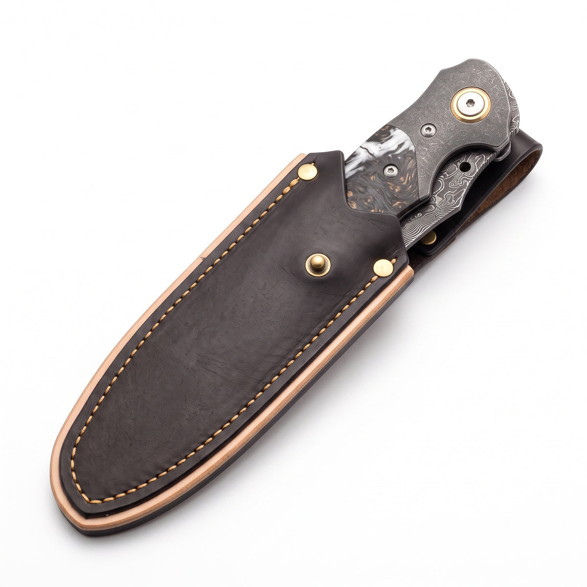 Creek 8" Damascus Pocket Knife | Burl, seated in the Crownridge belt slip