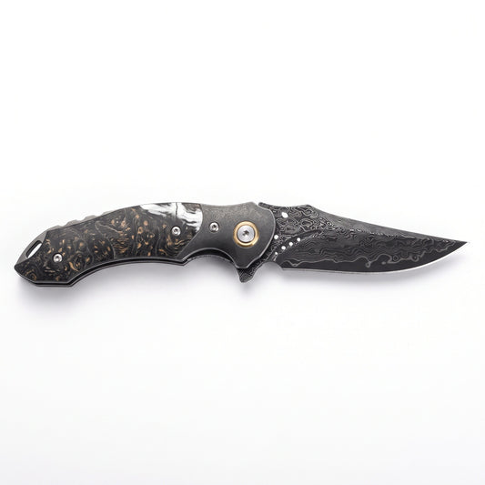 Creek 8" Damascus Pocket Knife | Burl, side profile on white