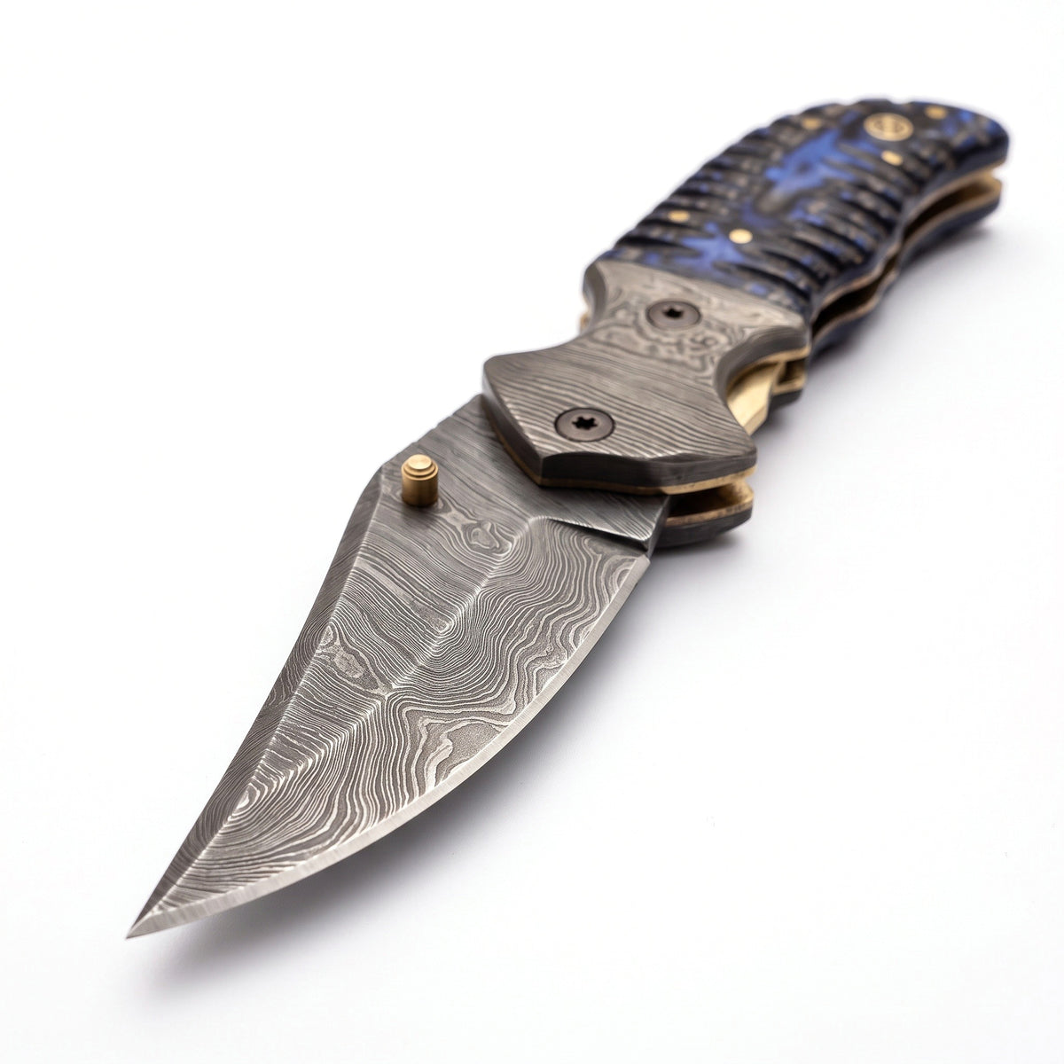 Creek 8.5" Damascus Pocket Knife | Hardwood, Damascus blade close-up