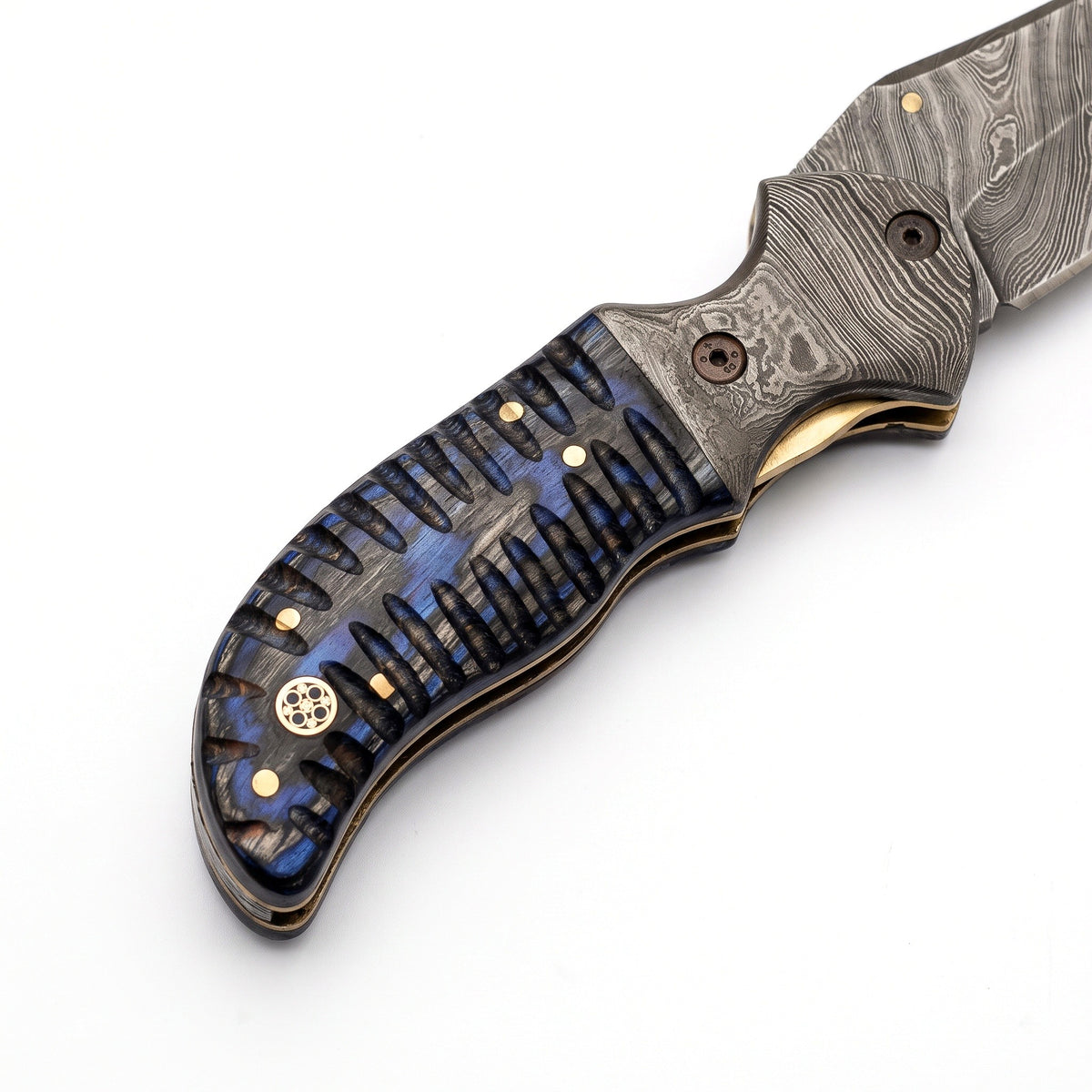 Creek 8.5" Damascus Pocket Knife | Hardwood, handle and fittings close-up