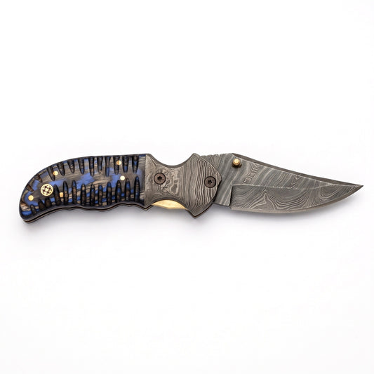 Creek 8.5" Damascus Pocket Knife | Hardwood, side profile on white