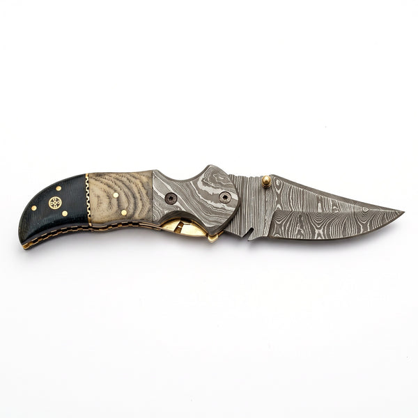 Creek 8.5" Damascus Pocket Knife | Micarta, side profile on white