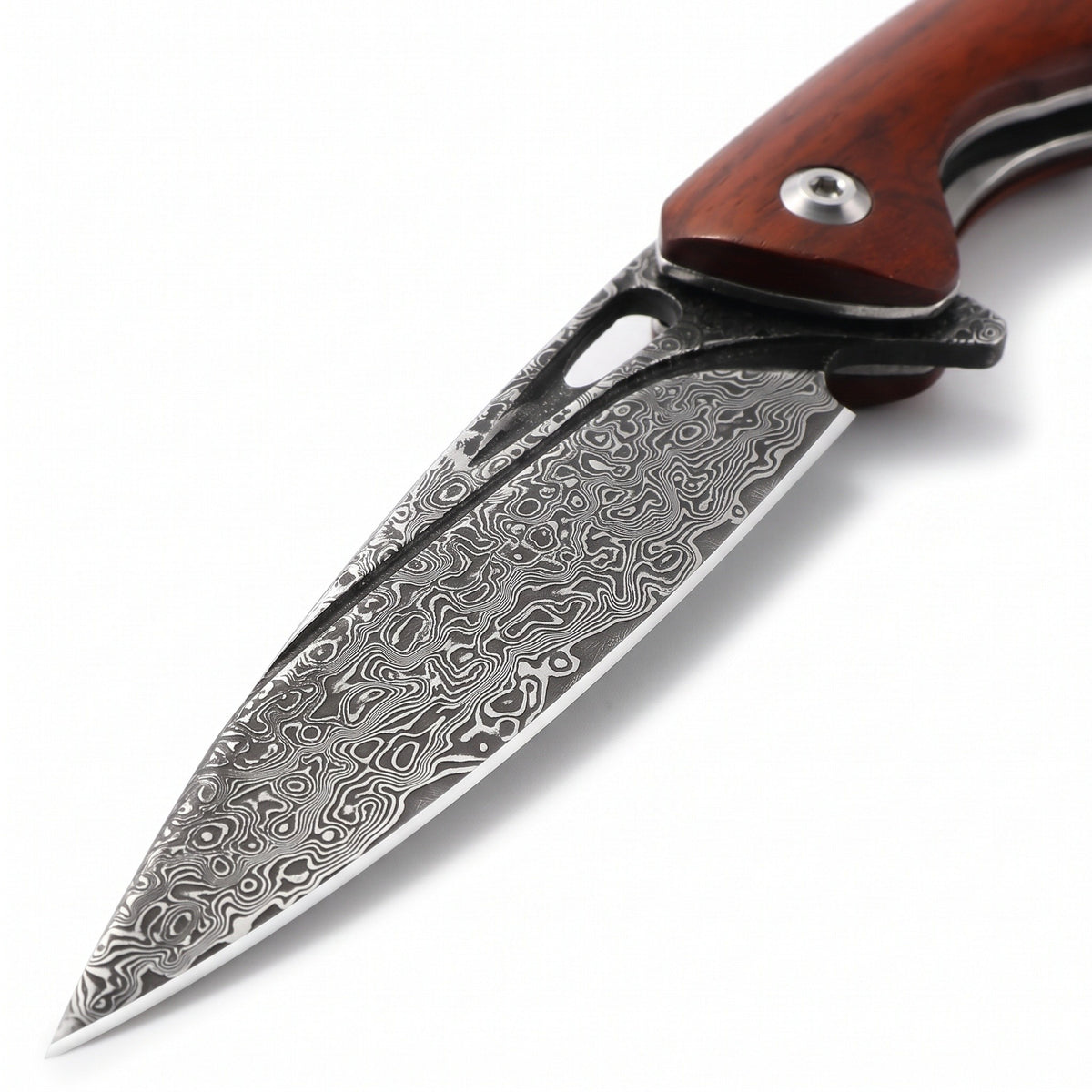 Creek 8" Damascus Pocket Knife | Sandalwood, Damascus blade close-up