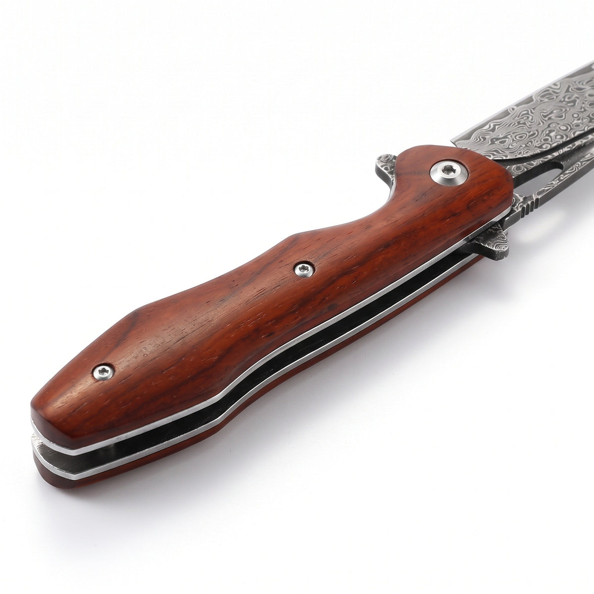 Creek 8" Damascus Pocket Knife | Sandalwood, handle and fittings close-up
