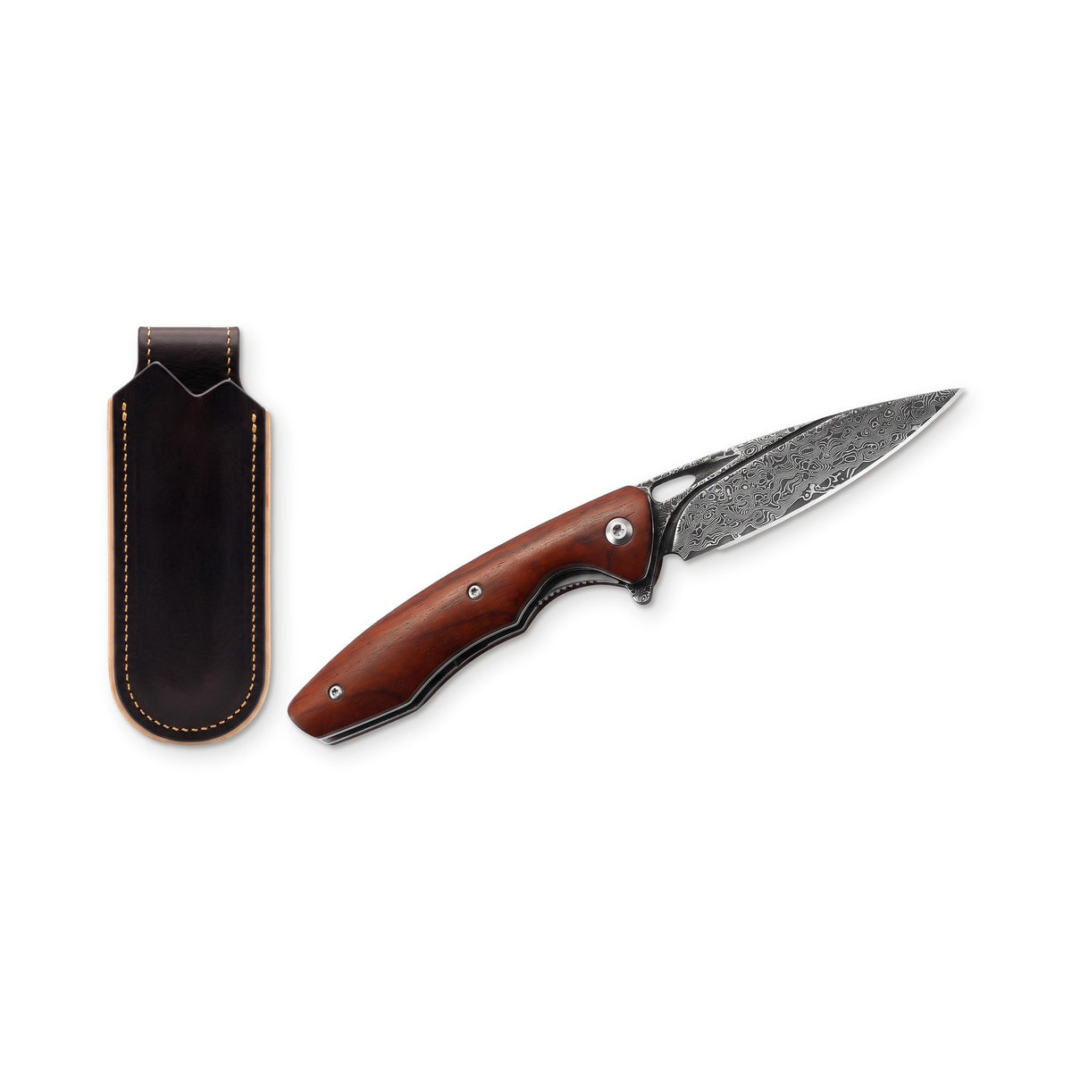 Creek 8" Damascus Pocket Knife | Sandalwood, three-quarter view with the Crownridge belt slip