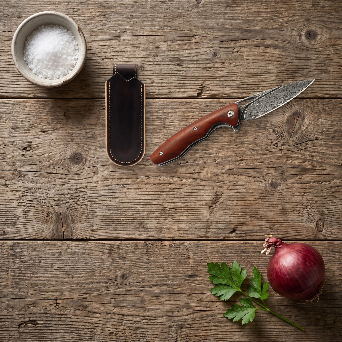 Creek 8" Damascus Pocket Knife | Sandalwood, with the Crownridge belt slip in use