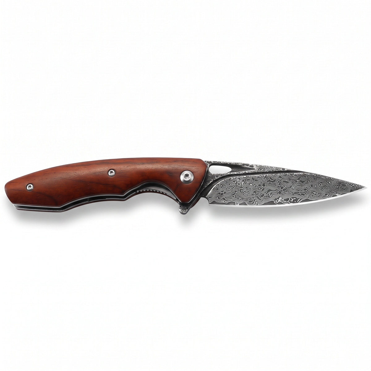 Creek 8" Damascus Pocket Knife | Sandalwood, side profile on white