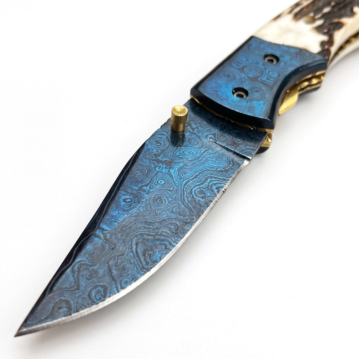 Creek 8" Damascus Pocket Knife | Stag, Damascus blade close-up