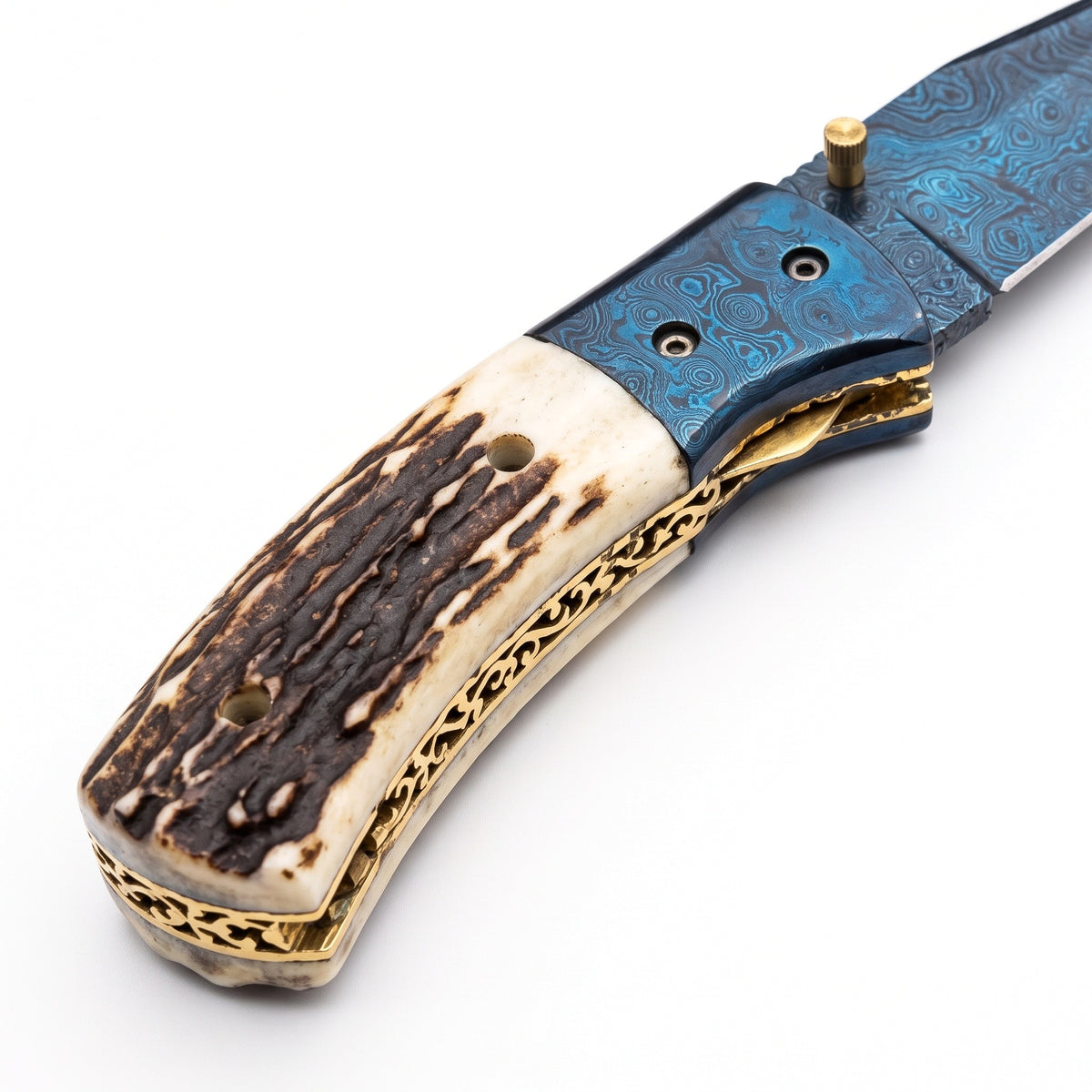 Creek 8" Damascus Pocket Knife | Stag, handle and fittings close-up