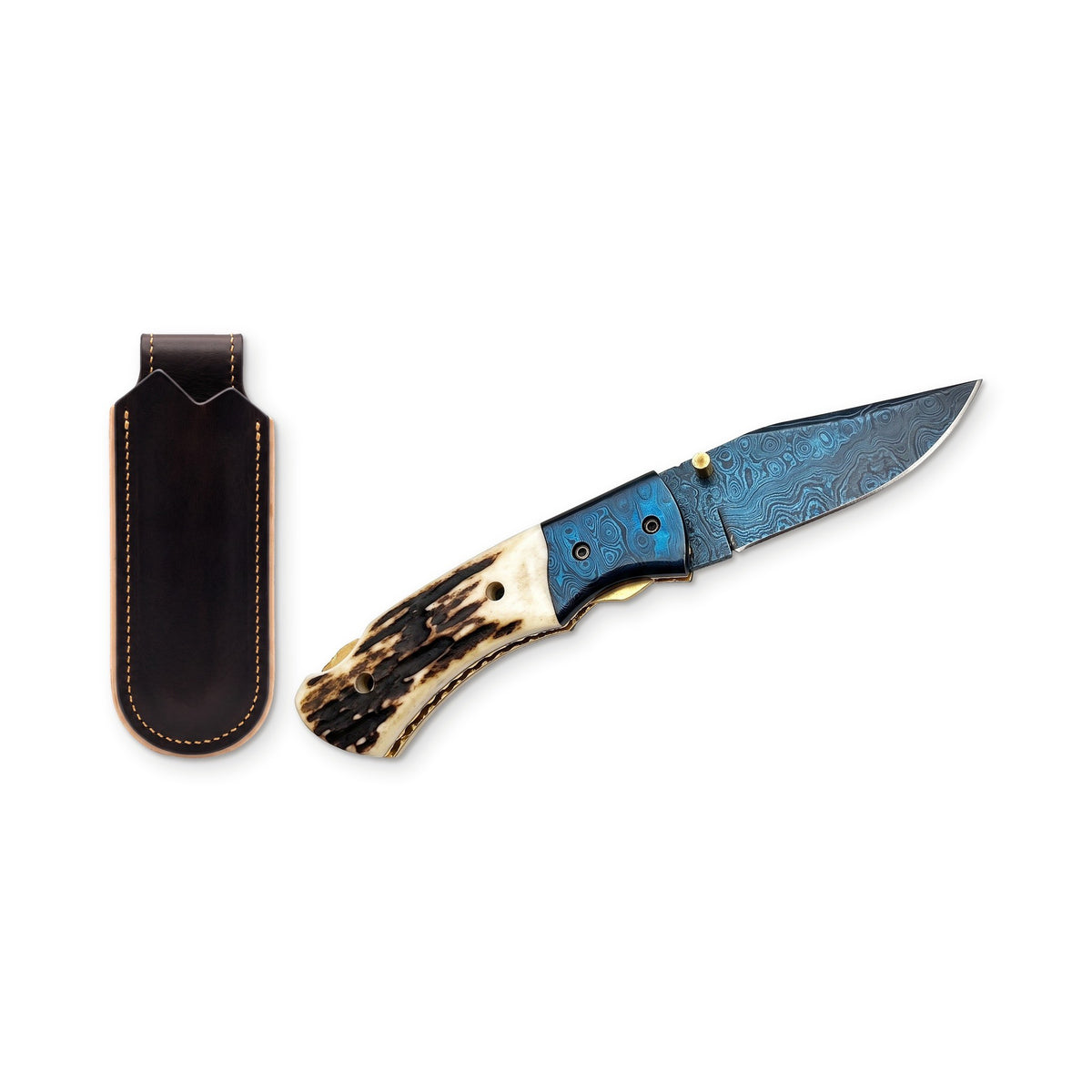 Creek 8" Damascus Pocket Knife | Stag, three-quarter view with the Crownridge belt slip