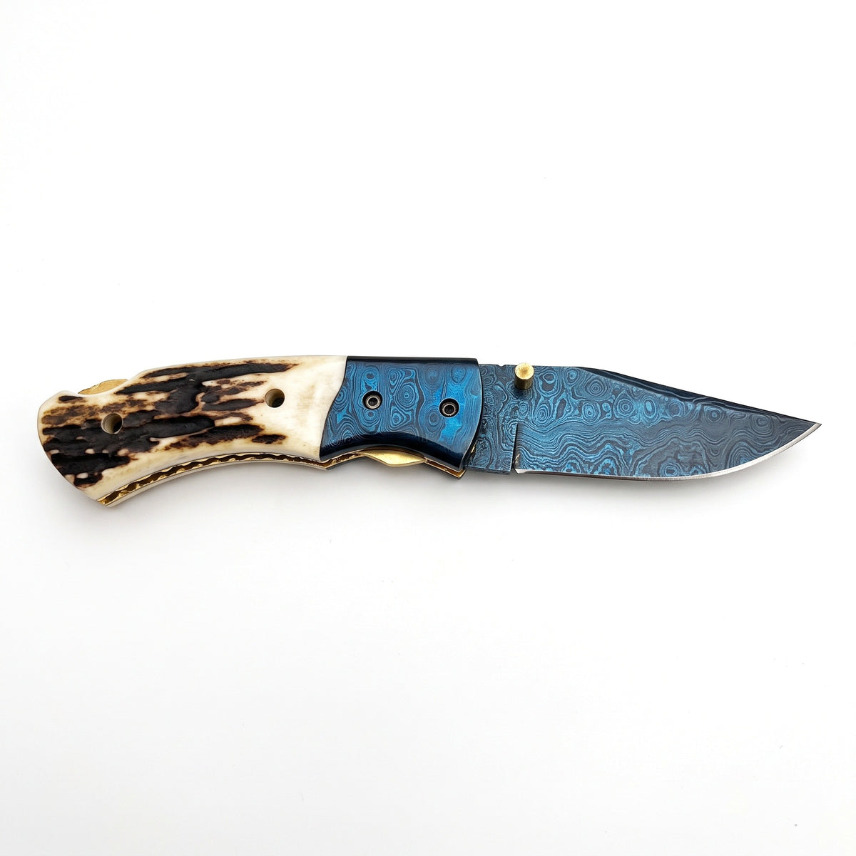 Creek 8" Damascus Pocket Knife | Stag, side profile on white