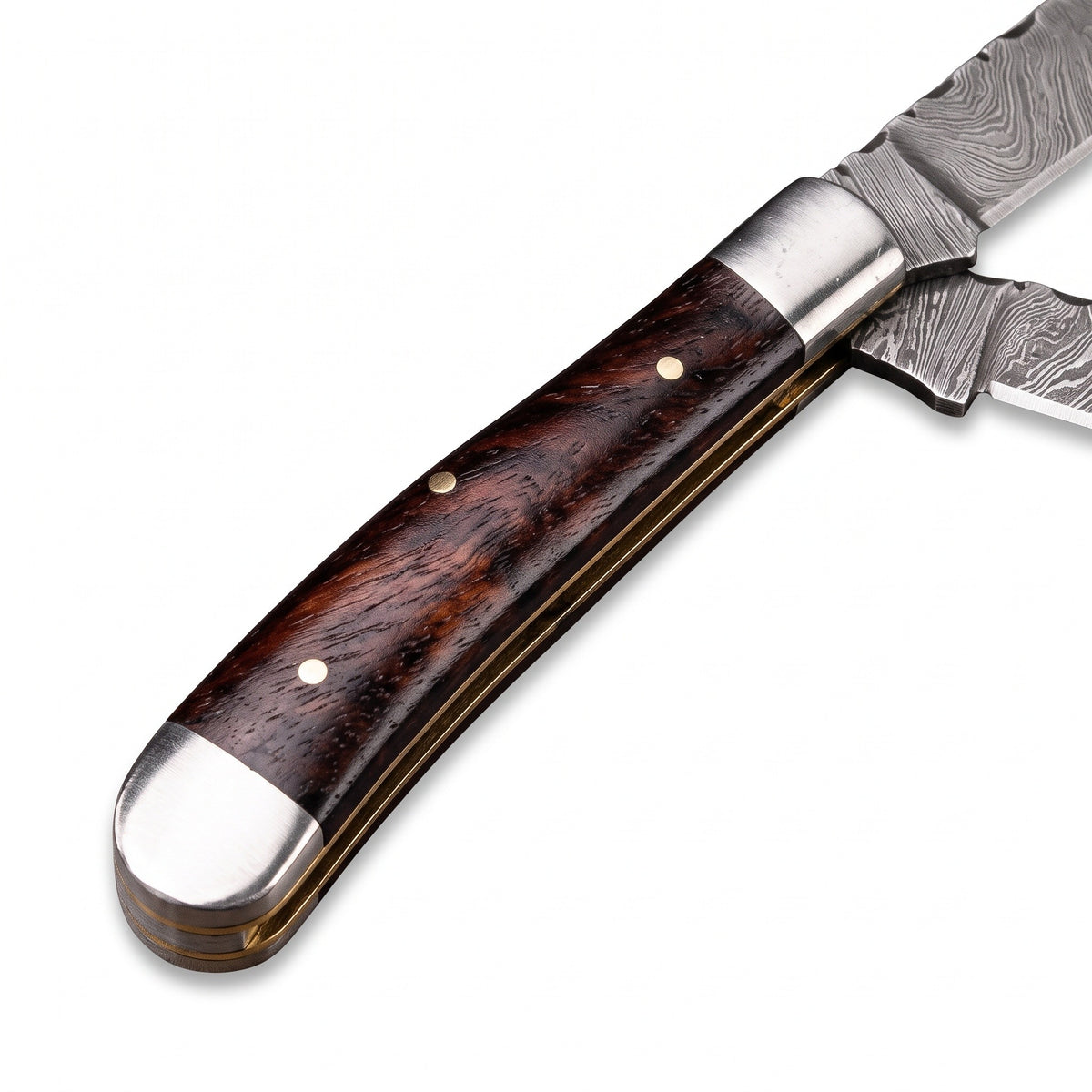 Creek 8" Damascus Trapper Knife | Rosewood, handle and fittings close-up
