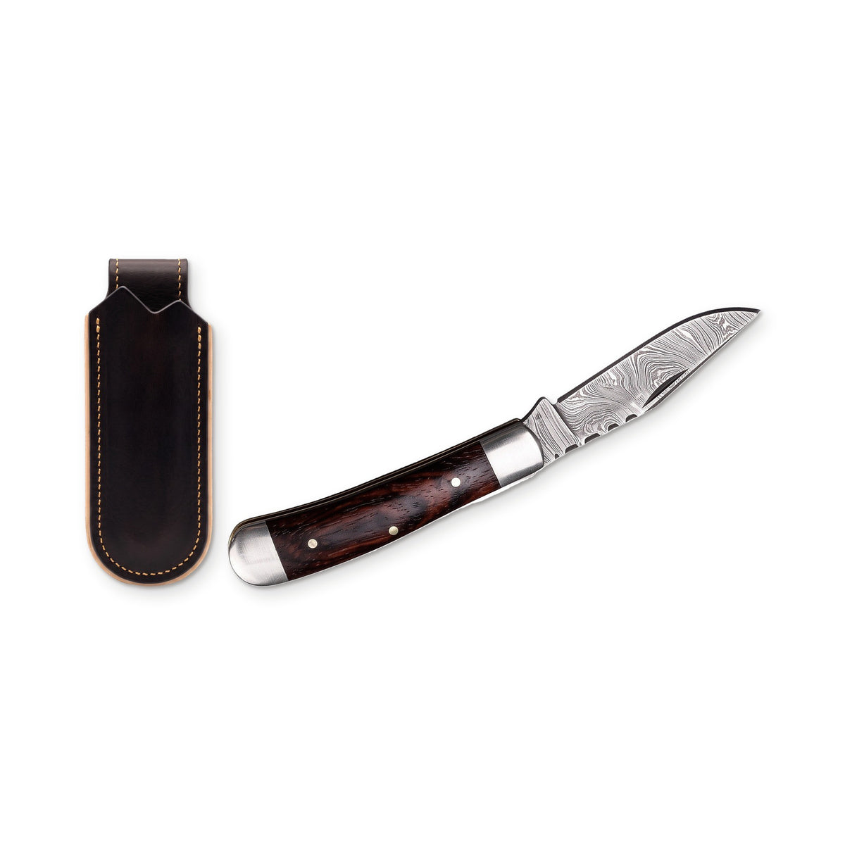 Creek 8" Damascus Trapper Knife | Rosewood, three-quarter view with the Crownridge belt slip