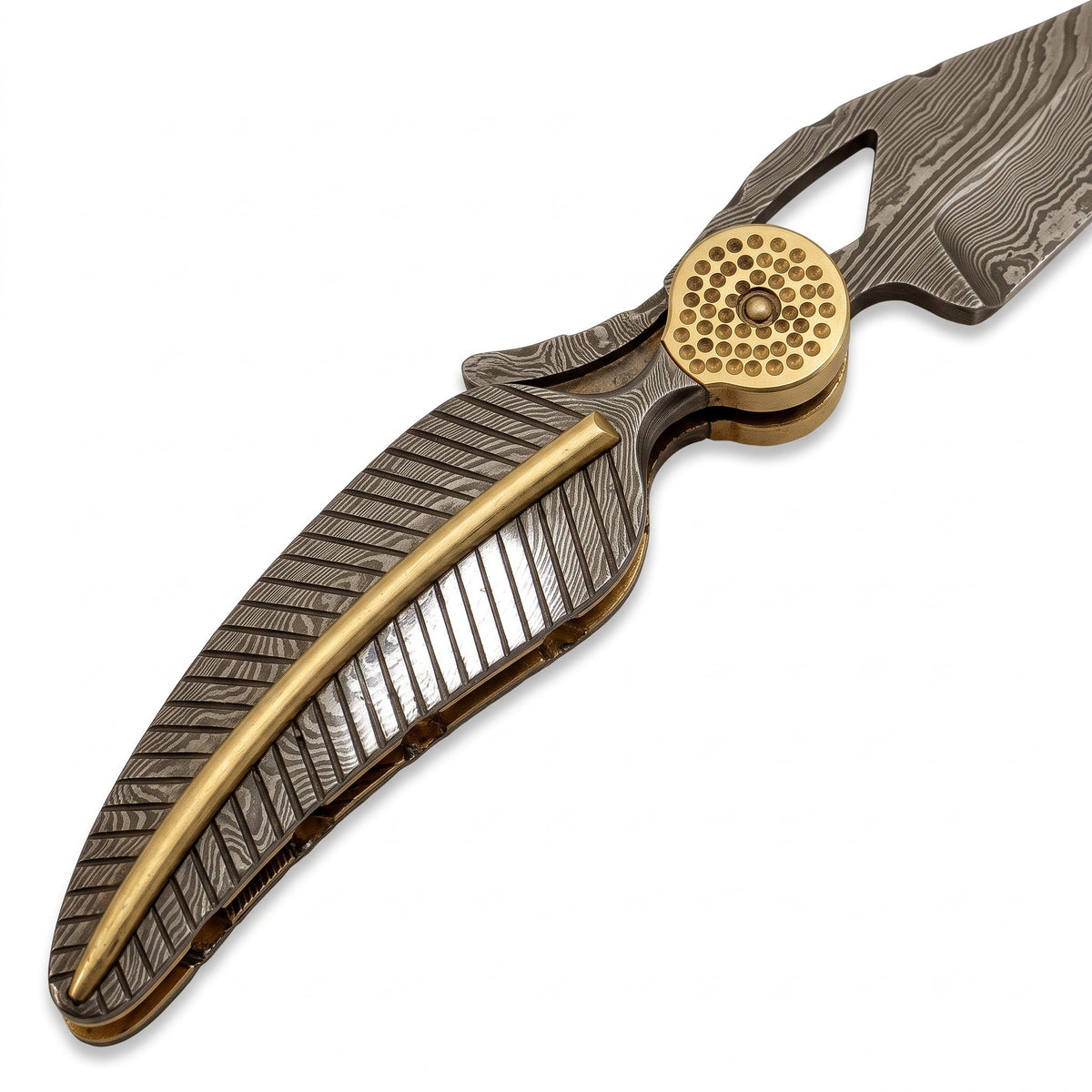 Creek 9.2" Damascus Pocket Knife | Damascus Steel, handle and fittings close-up
