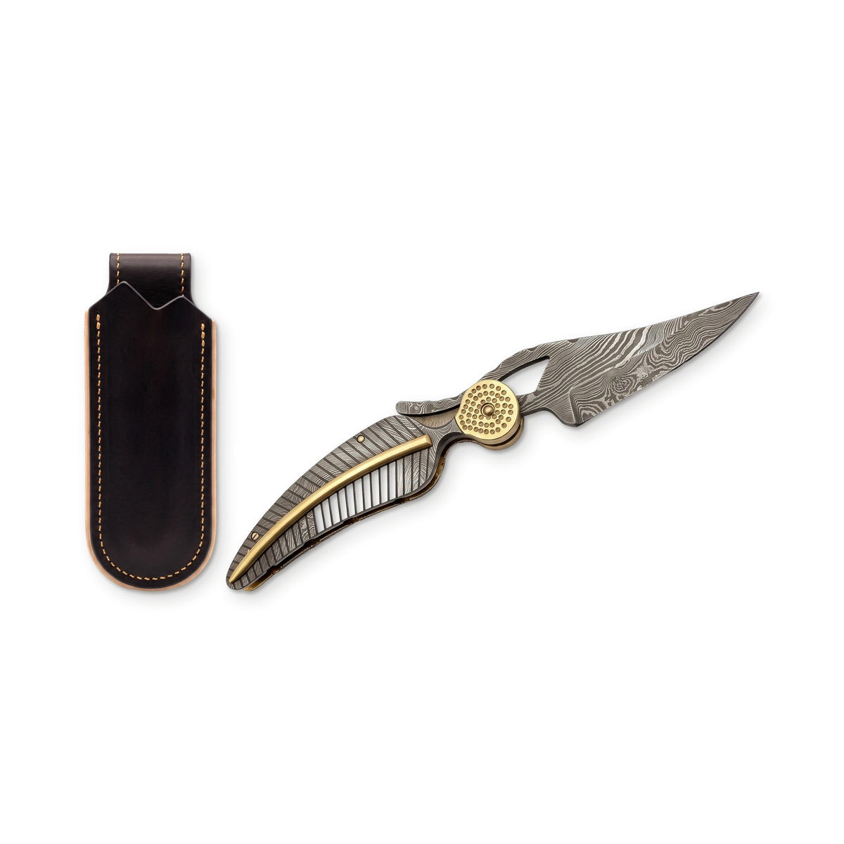 Creek 9.2" Damascus Pocket Knife | Damascus Steel, three-quarter view with the Crownridge belt slip