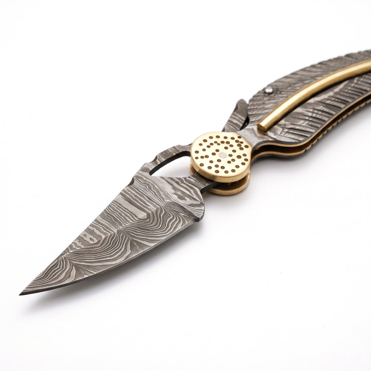 Creek 9" Damascus Pocket Knife | Brass, Damascus blade close-up