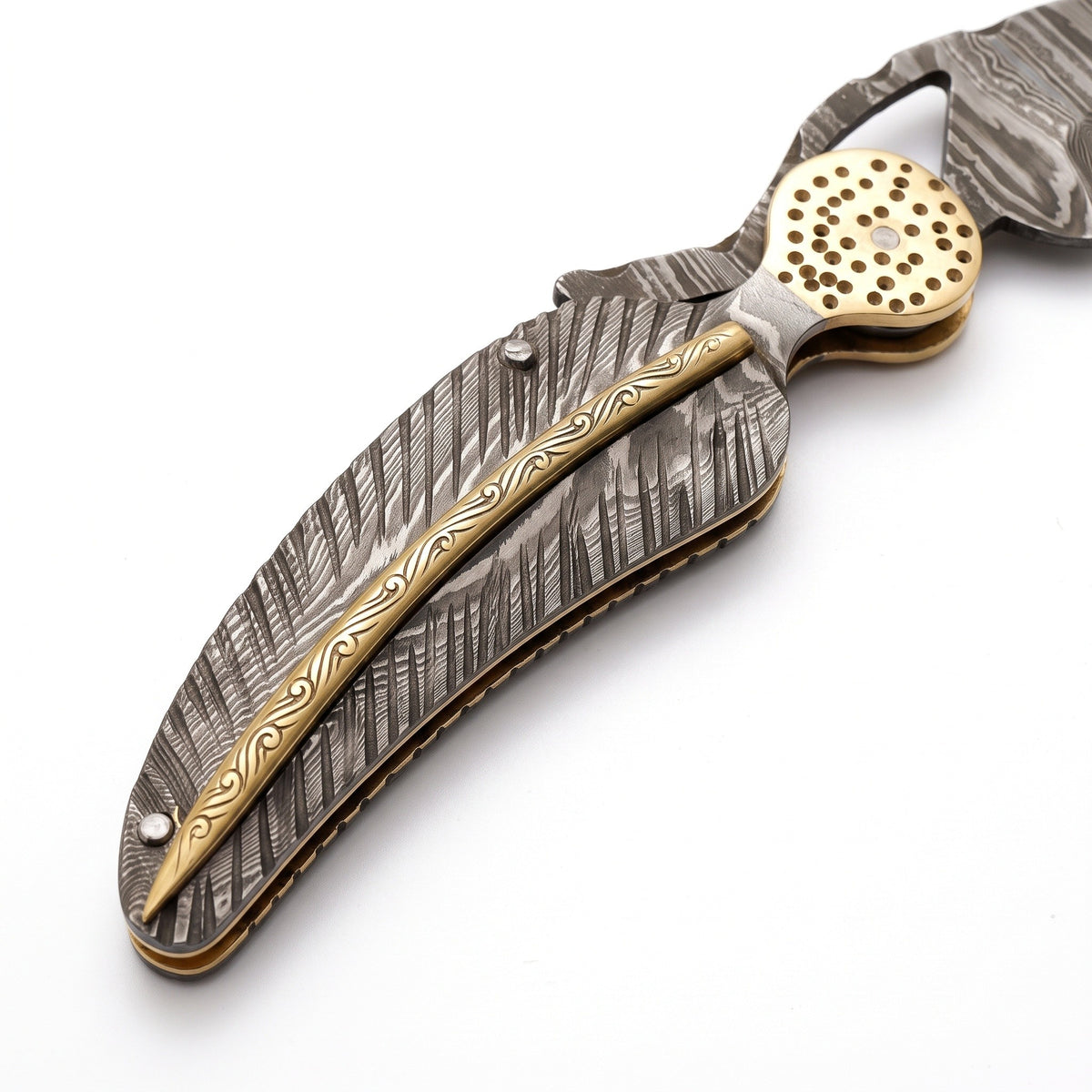 Creek 9" Damascus Pocket Knife | Brass, handle and fittings close-up