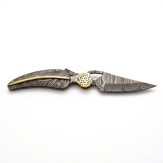 Creek 9" Damascus Pocket Knife | Brass, side profile on white