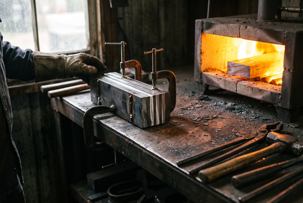 A clamped billet of stacked high-carbon and nickel steel beside the forge