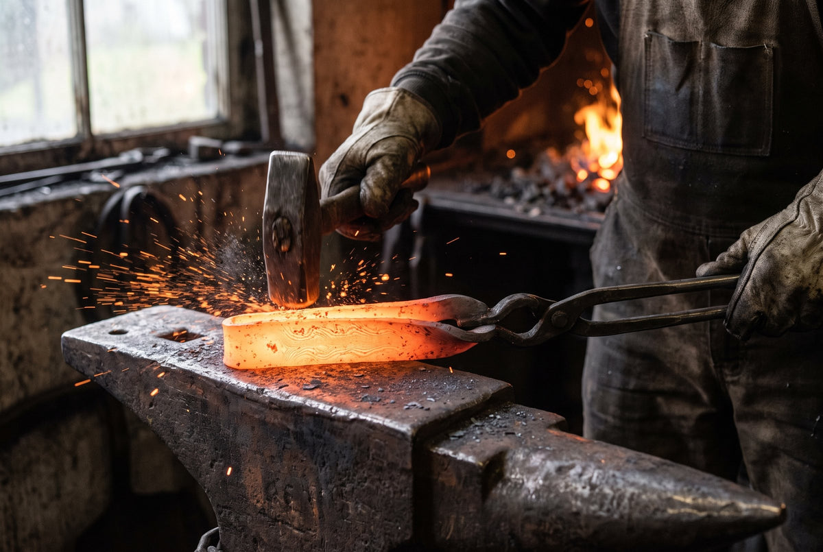 The hot billet drawn out under the hammer on the anvil