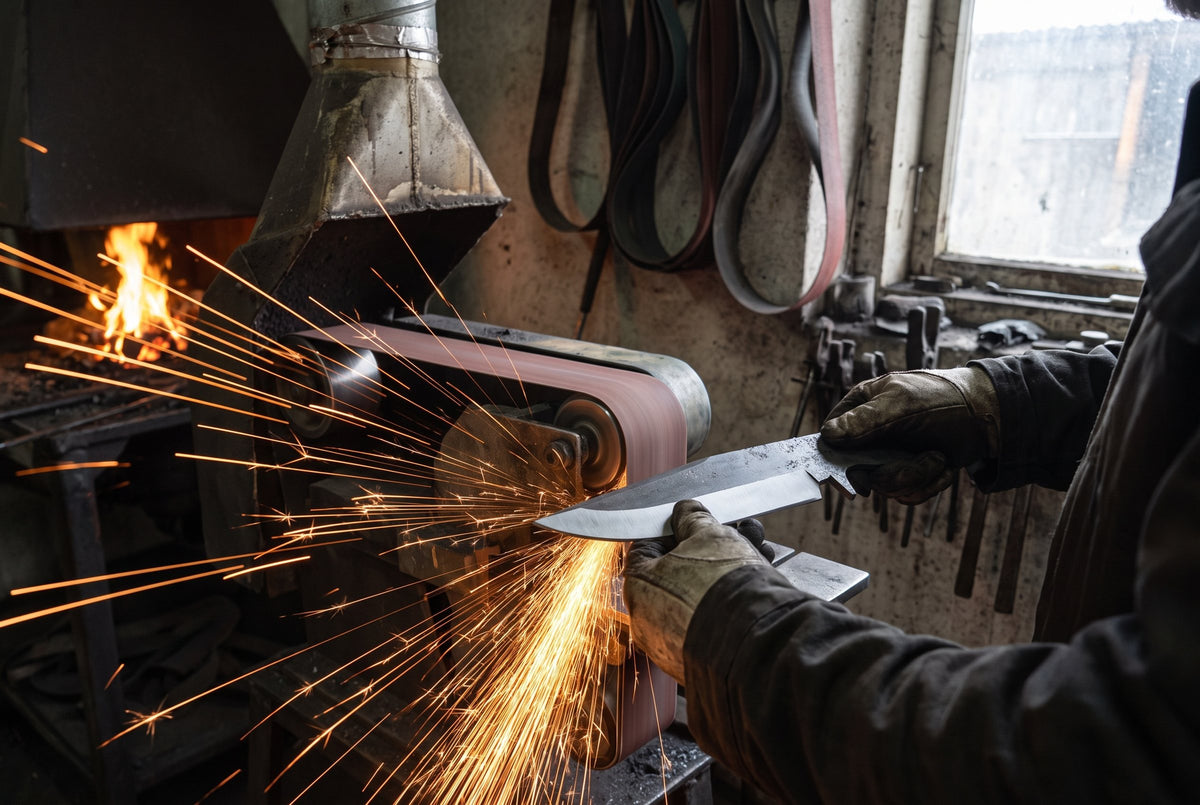 A knife blank ground to shape on a belt grinder, sparks streaming