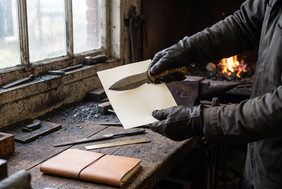 A finished Damascus knife held to a sheet of paper for the edge test before it ships