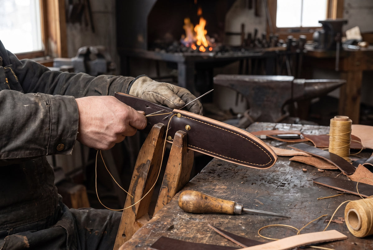 A dark leather belt sheath with a pale welt saddle-stitched by hand