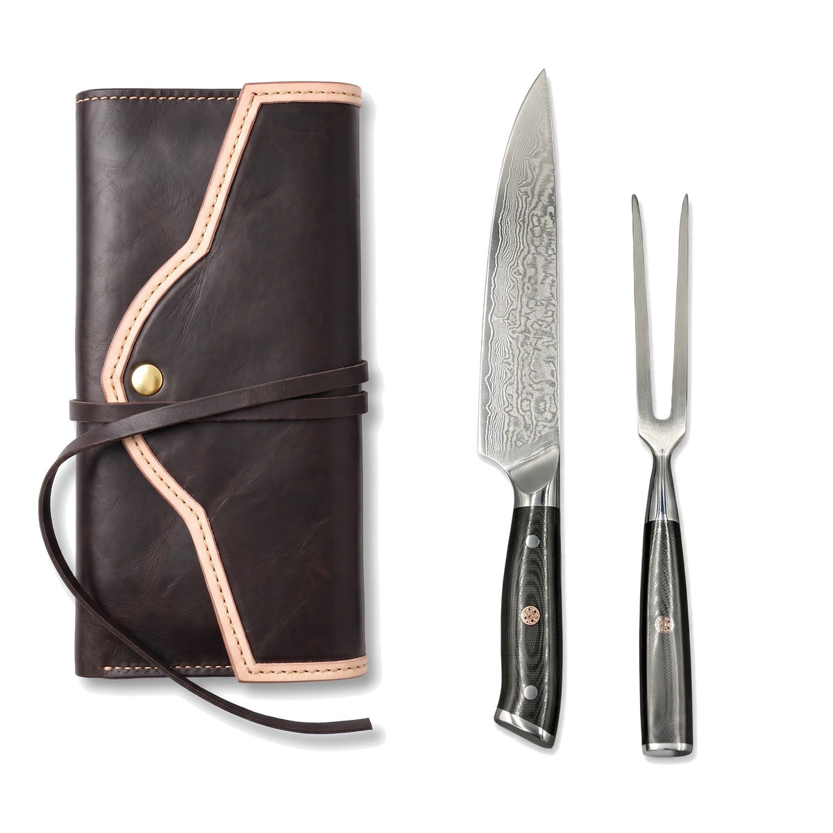 Damascus Carving Knife and Fork Set | Micarta, three-quarter view with the Crownridge knife roll