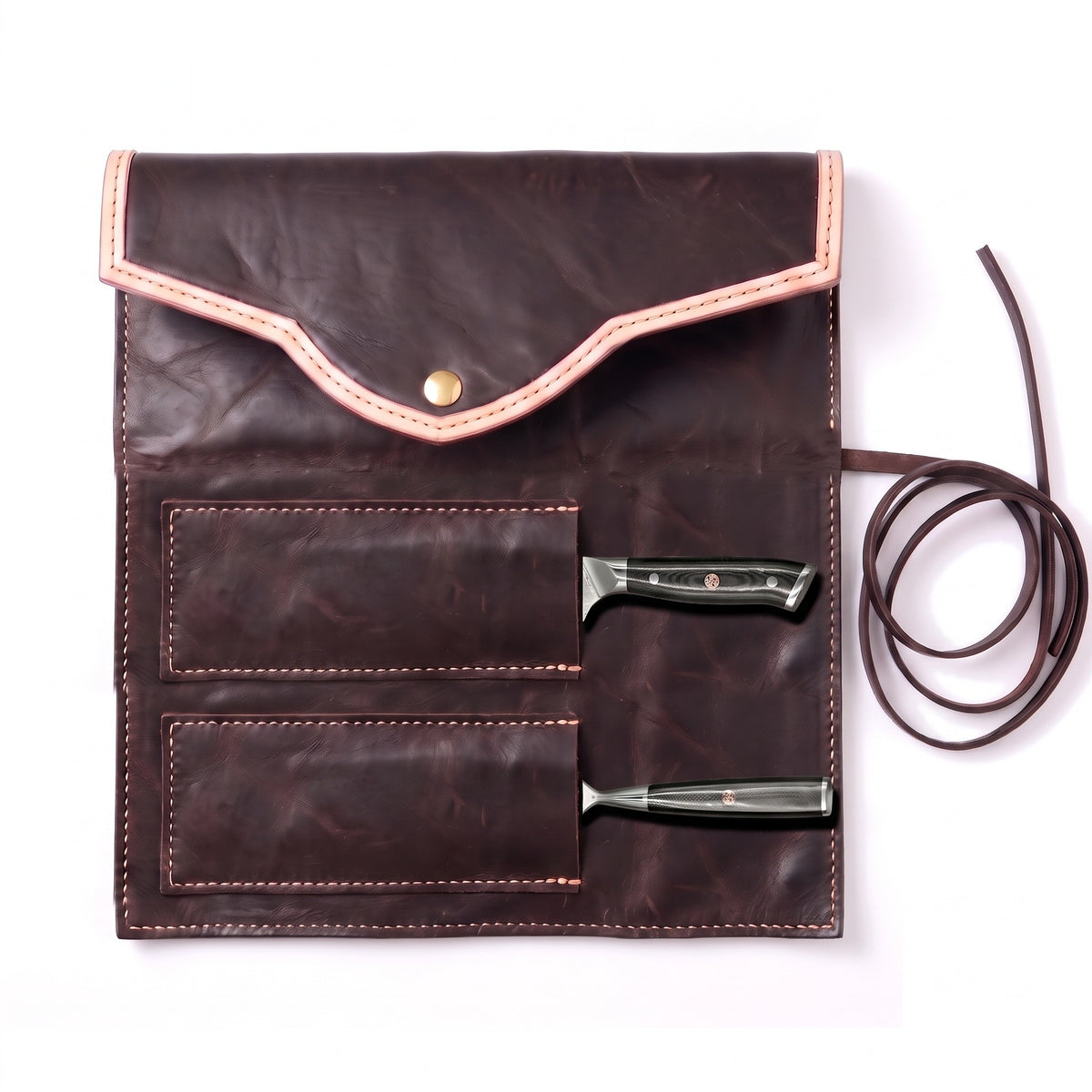 Damascus Carving Knife and Fork Set | Micarta, seated in the Crownridge knife roll
