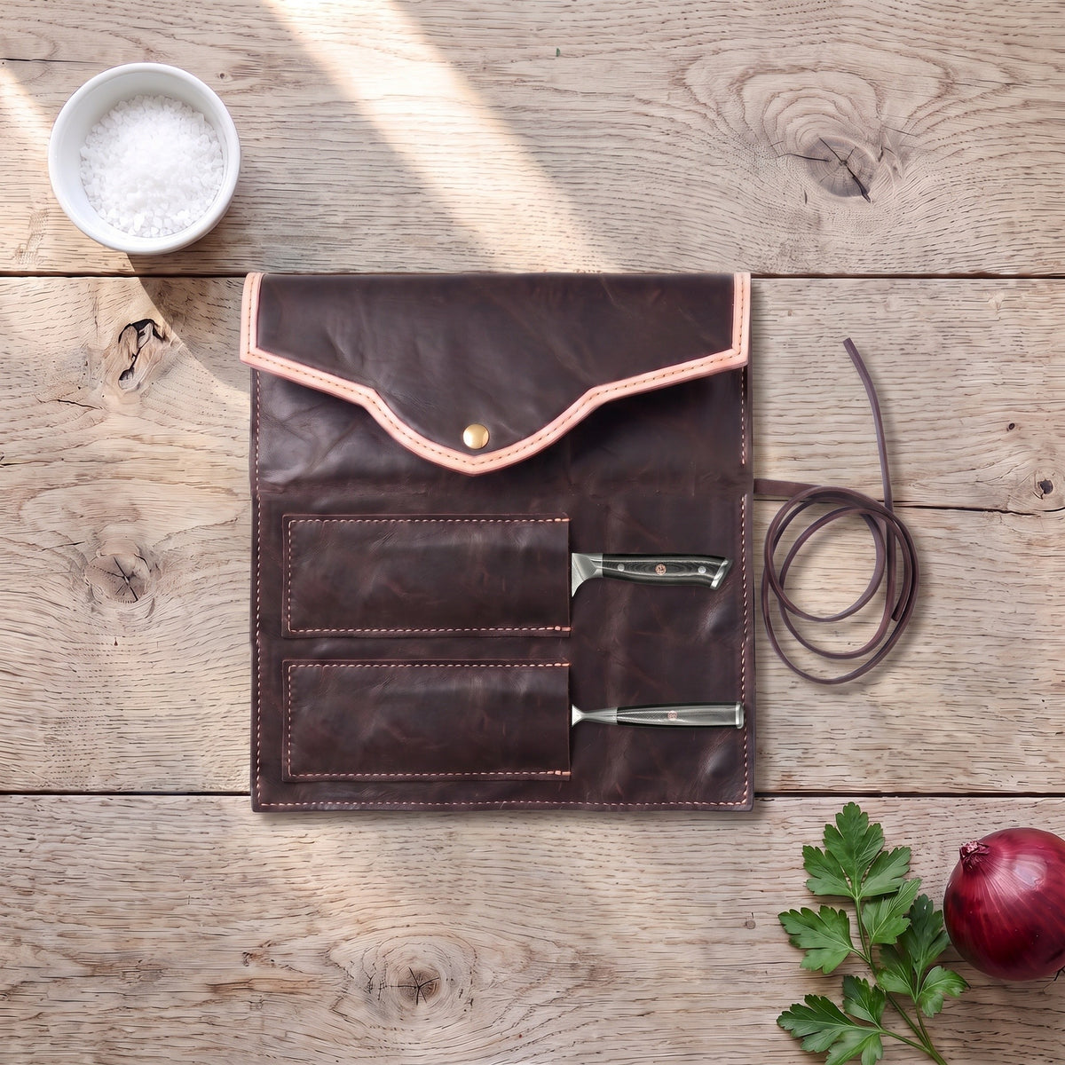Damascus Carving Knife and Fork Set | Micarta, with the Crownridge knife roll in use