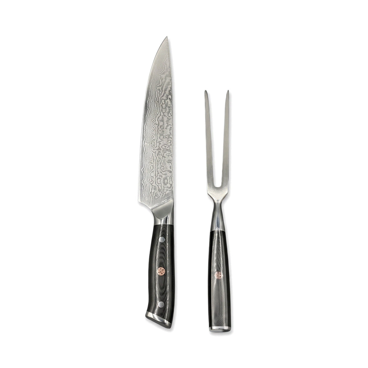 Damascus Carving Knife and Fork Set | Micarta, side profile on white