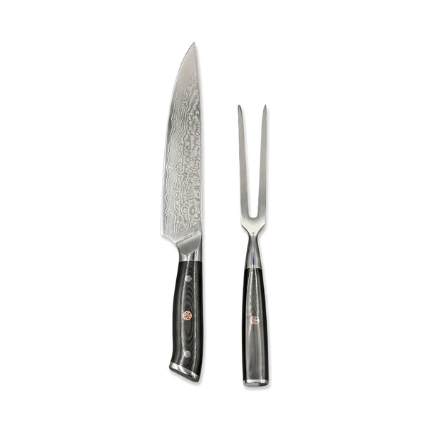 Damascus Carving Knife and Fork Set | Micarta, side profile on white