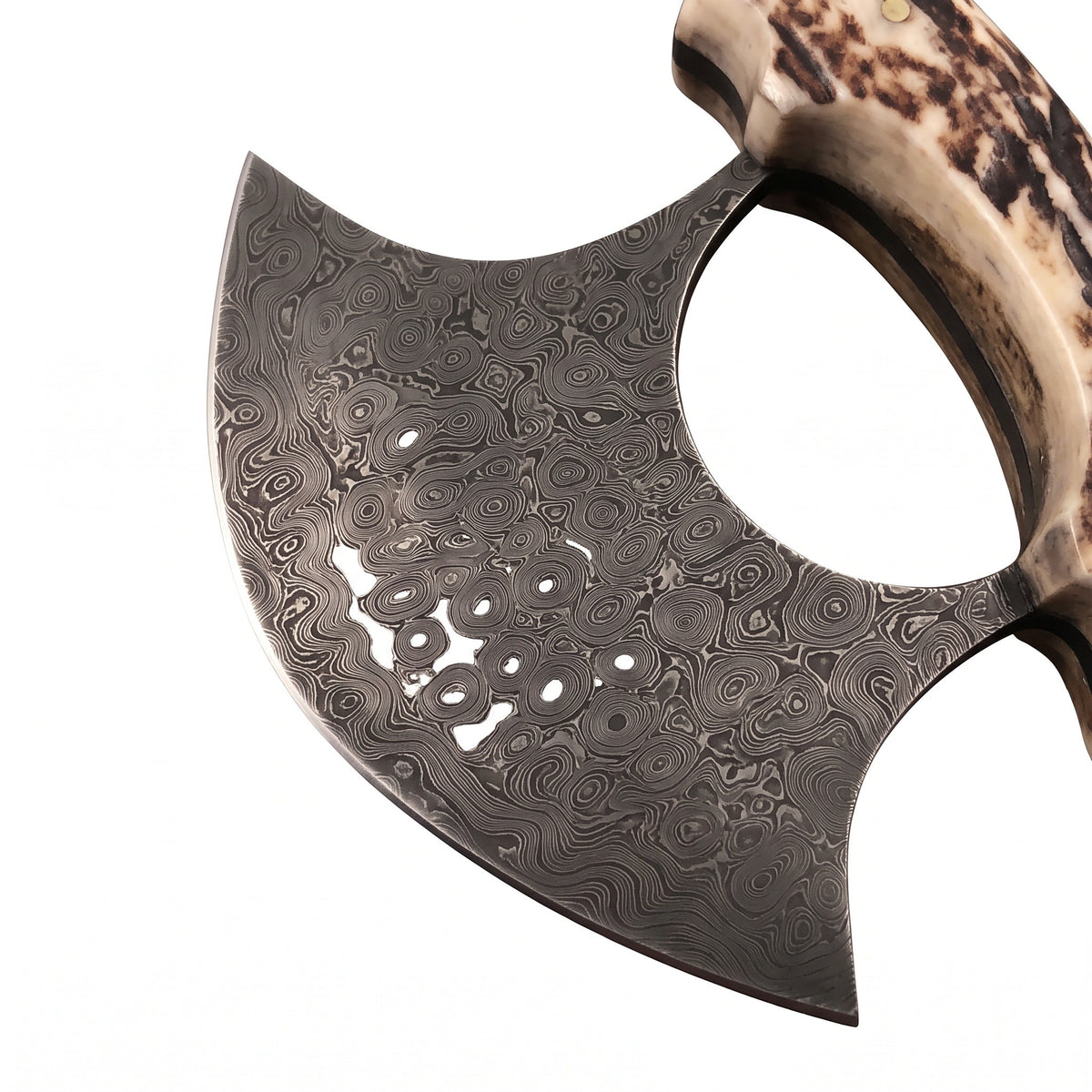 Damascus Ulu Knife | Stag, Damascus blade close-up