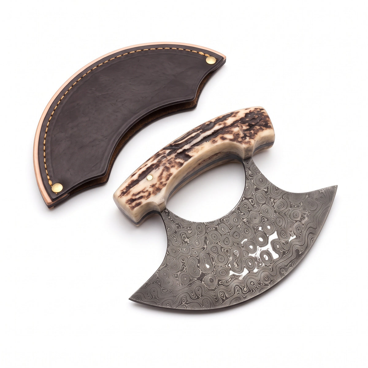 Damascus Ulu Knife | Stag, three-quarter view with the Crownridge sheath