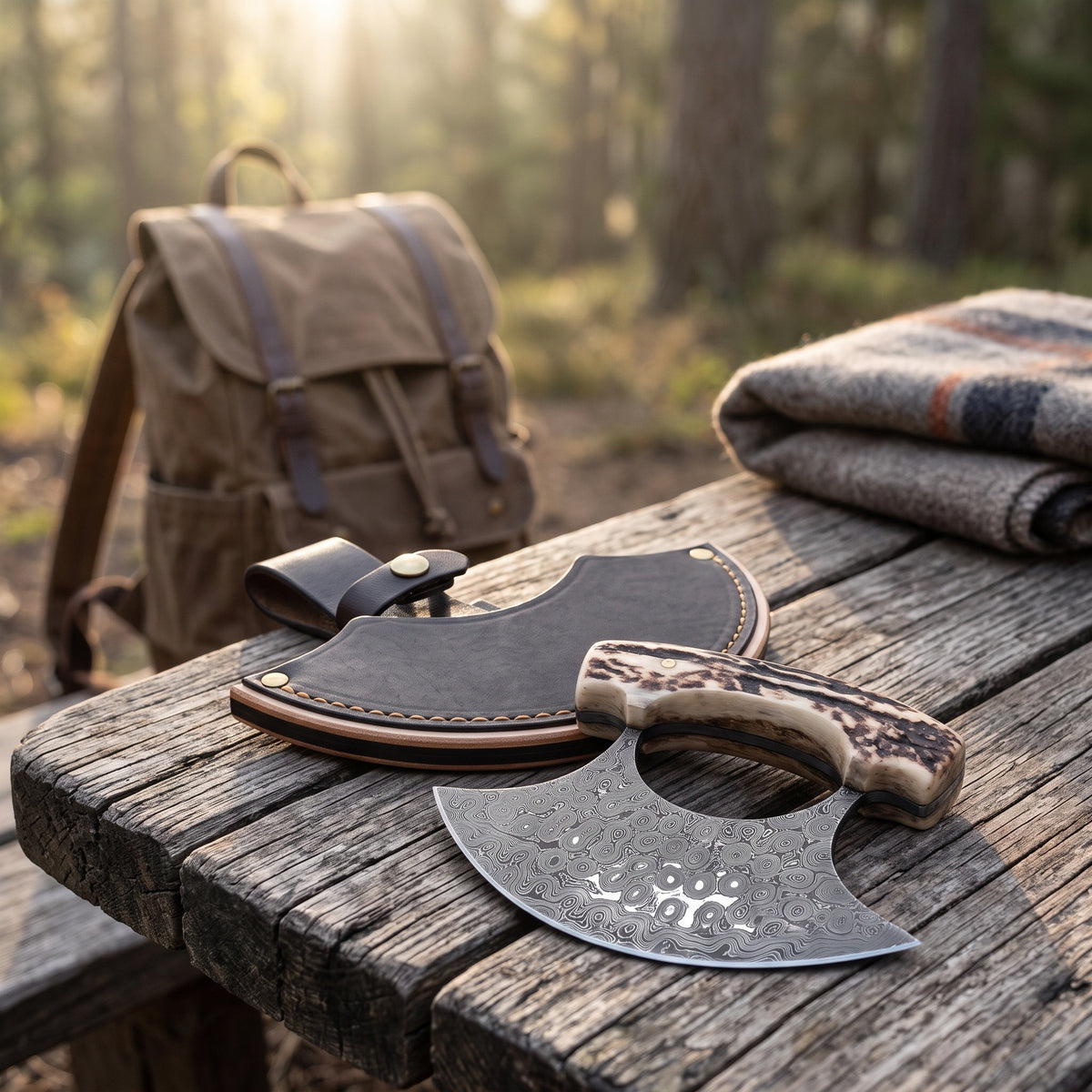 Damascus Ulu Knife | Stag, with the Crownridge sheath in use