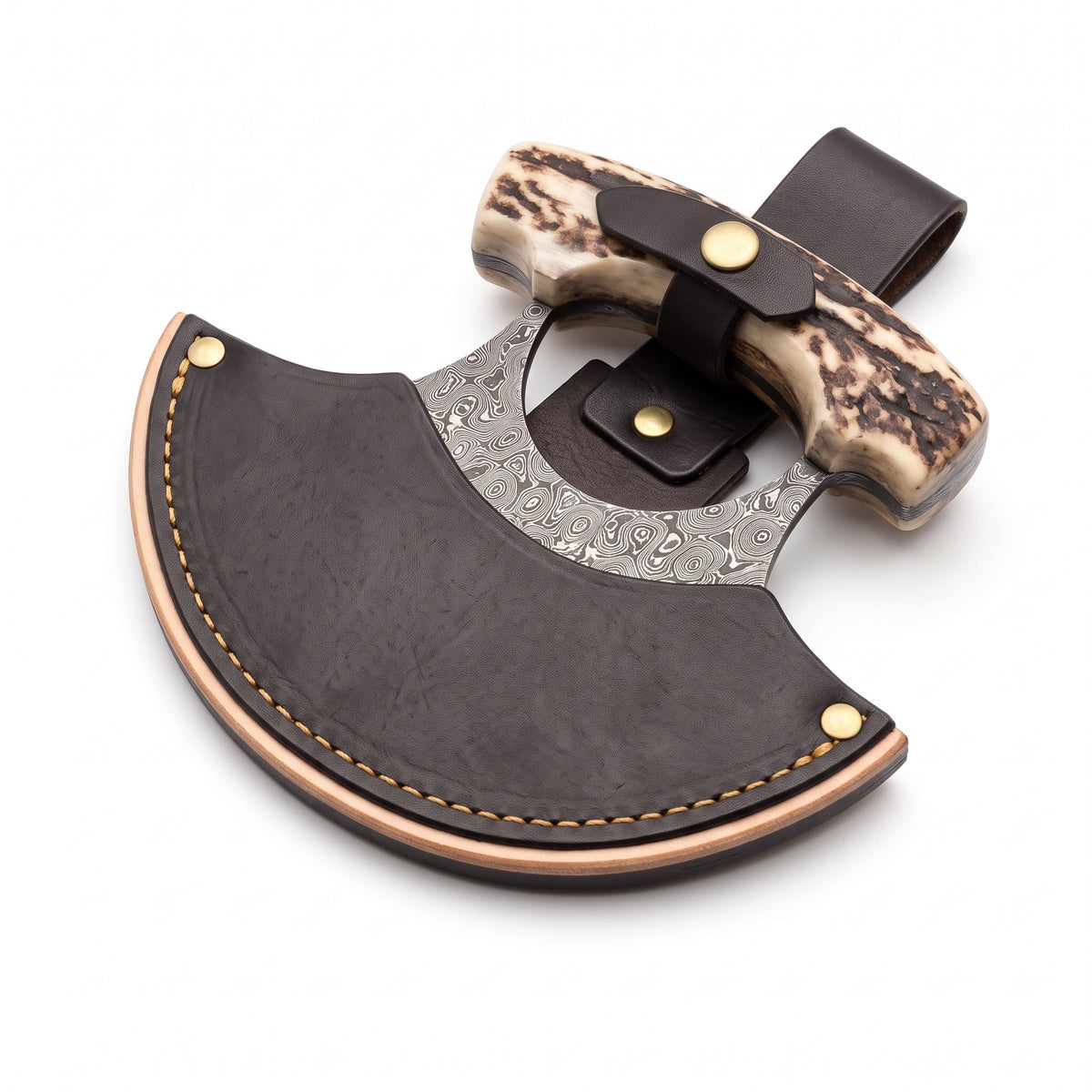 Damascus Ulu Knife | Stag, seated in the Crownridge sheath