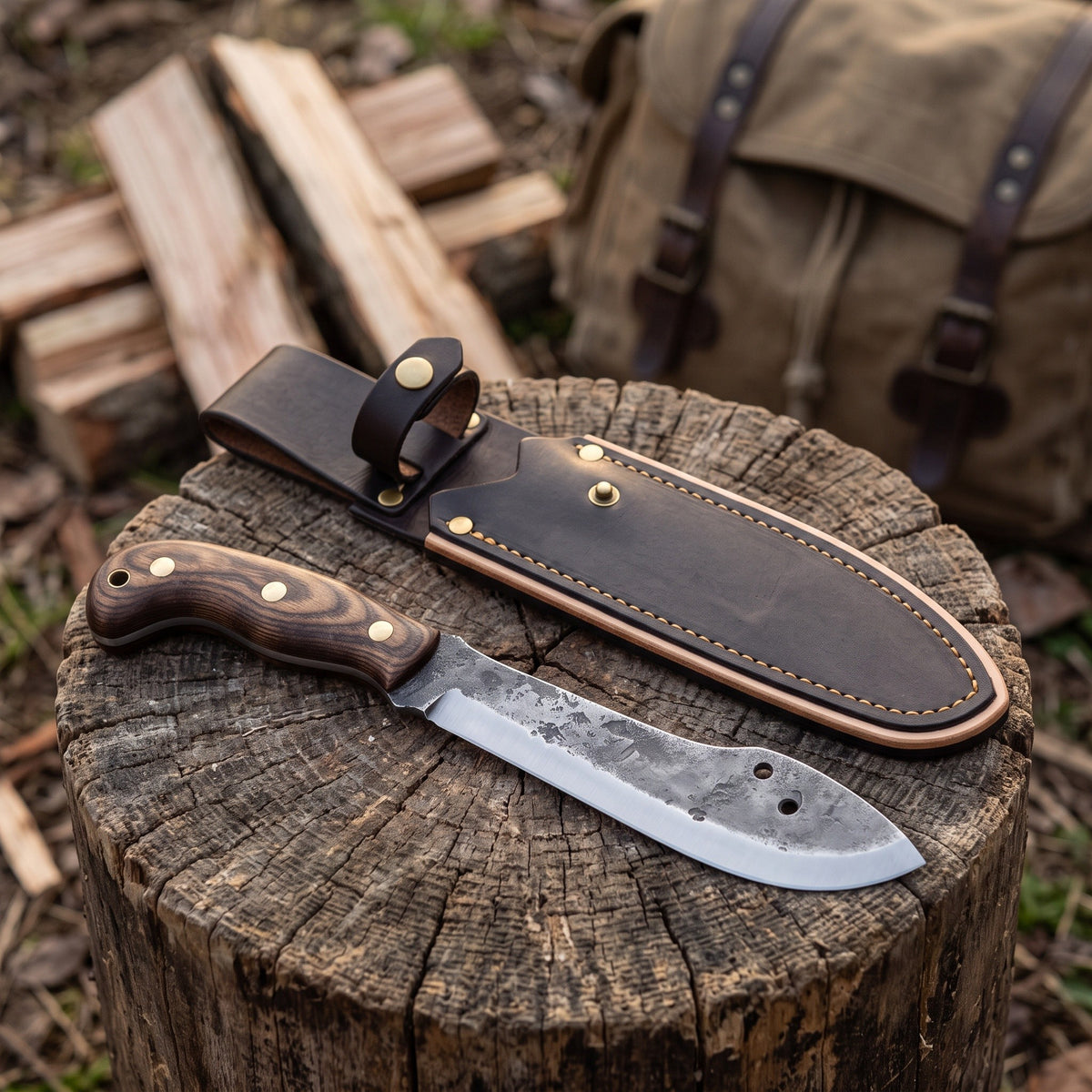 Hearth 16" Carbon Steel Camping Hatchet | Ash, with the Crownridge head mask in use