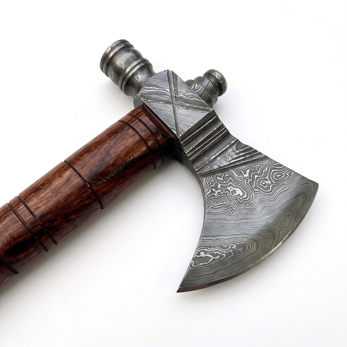 Hearth 17" Damascus Camping Hatchet | Walnut, Damascus blade close-up