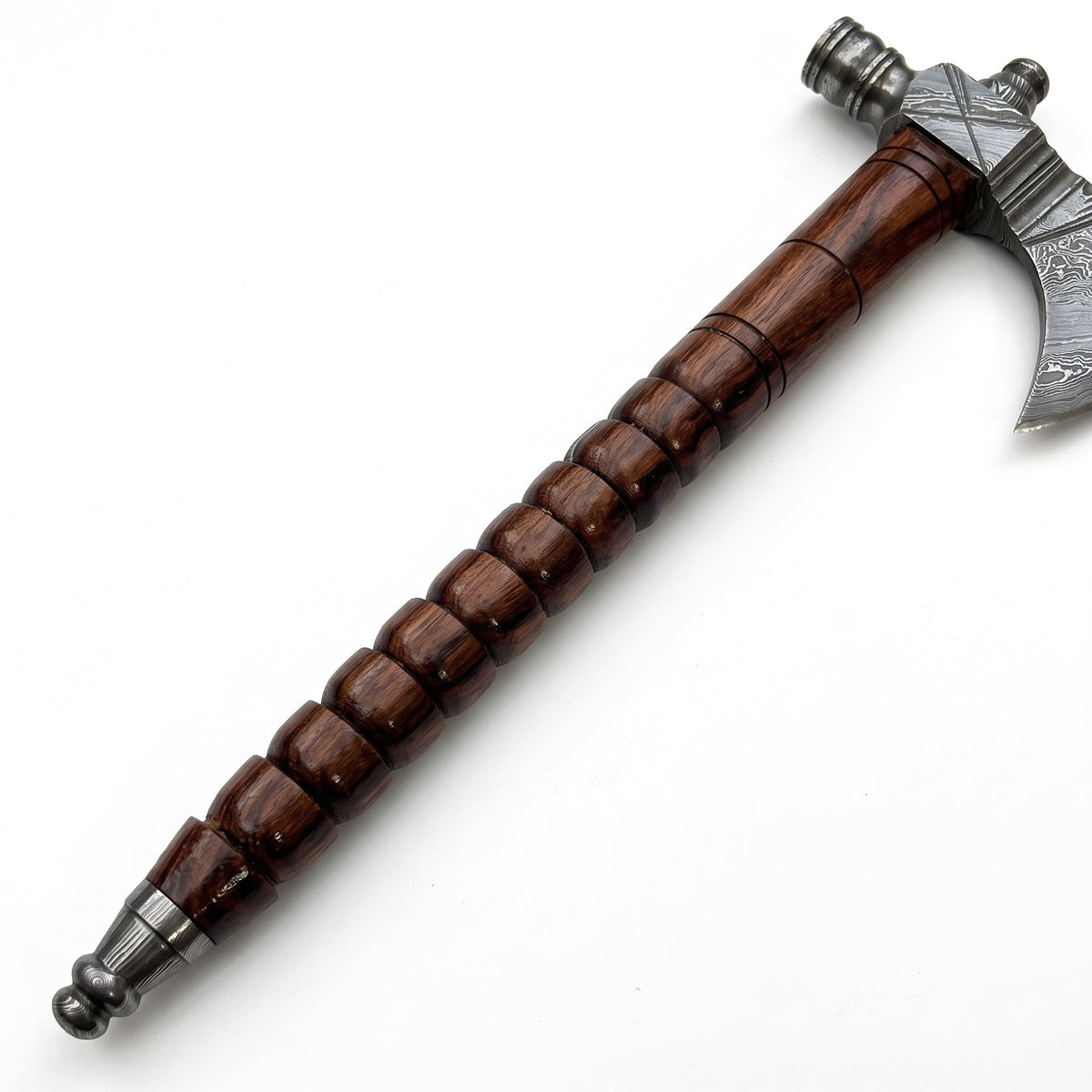 Hearth 17" Damascus Camping Hatchet | Walnut, handle and fittings close-up