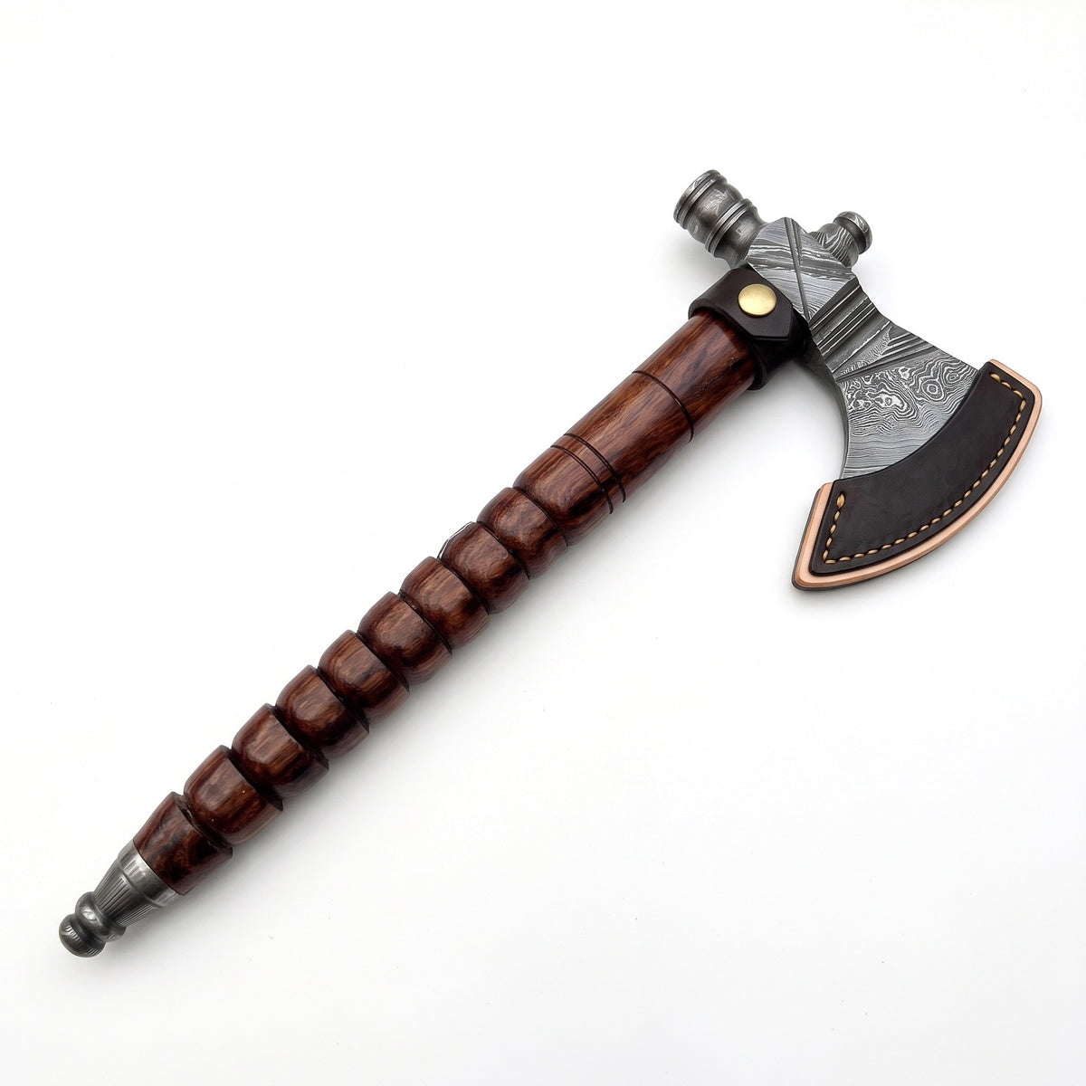 Hearth 17" Damascus Camping Hatchet | Walnut, seated in the Crownridge head mask