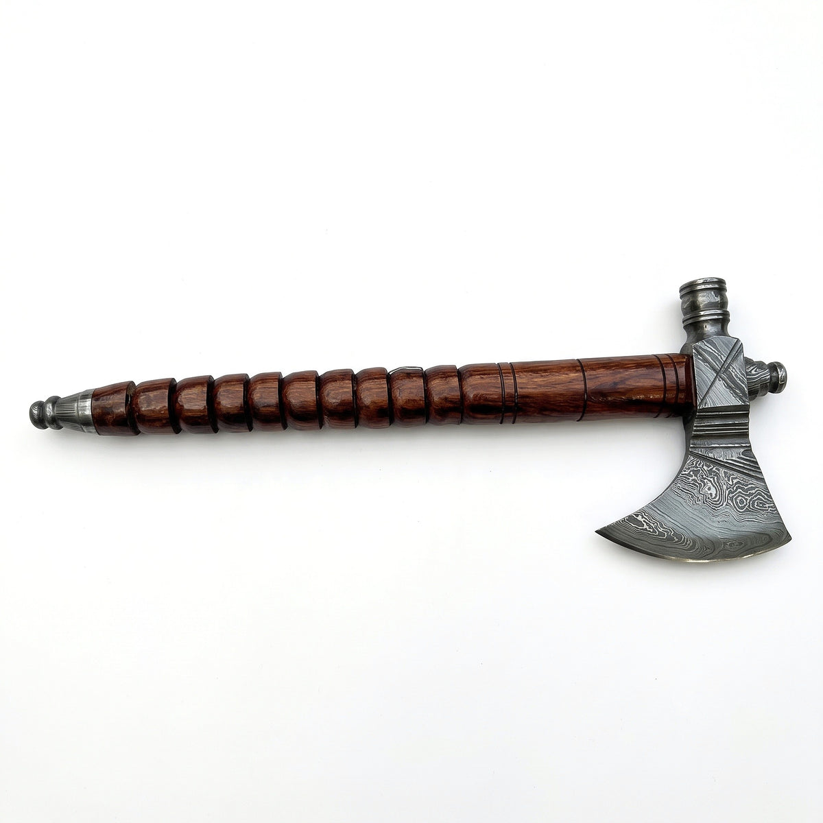 Hearth 17" Damascus Camping Hatchet | Walnut, side profile on white