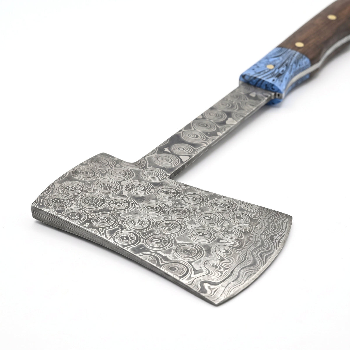 Hearth 7.5" Damascus Camping Hatchet | Walnut, Damascus blade close-up