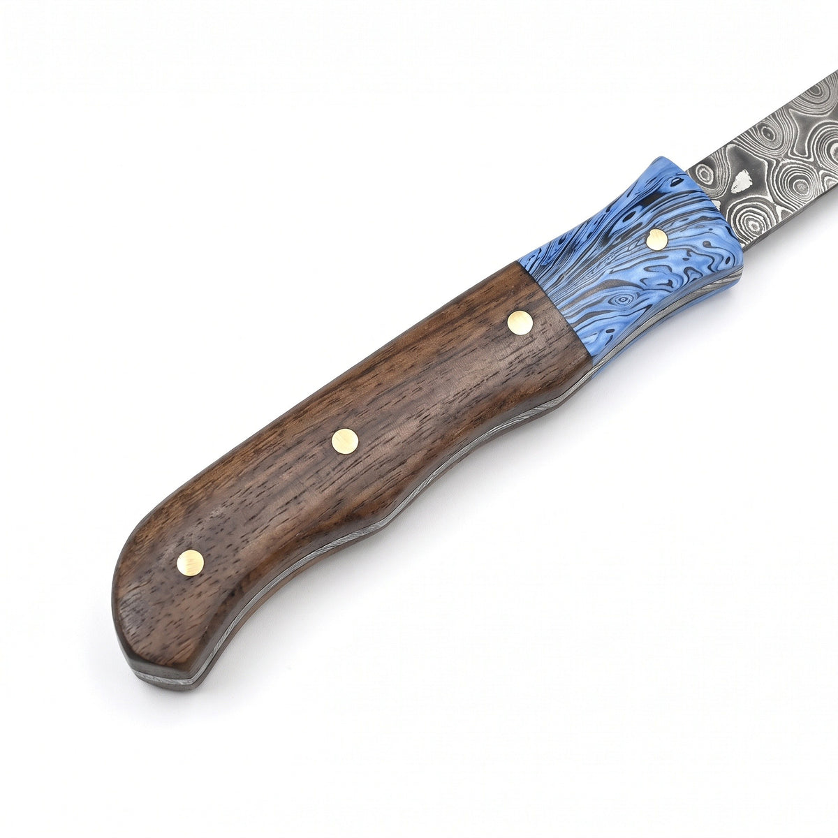 Hearth 7.5" Damascus Camping Hatchet | Walnut, handle and fittings close-up