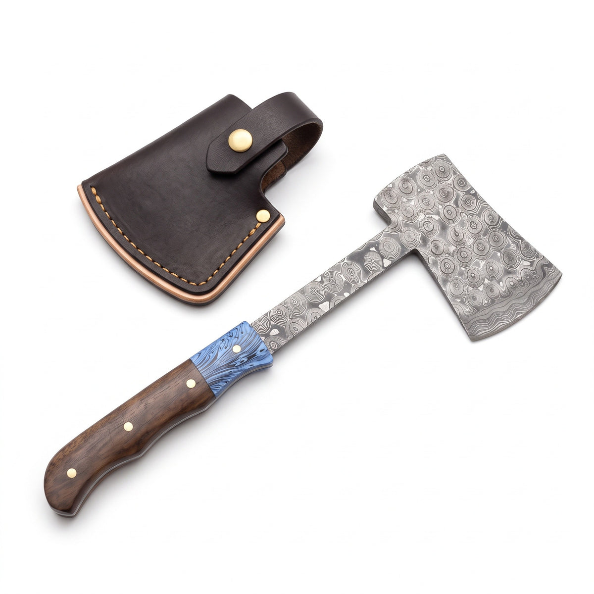 Hearth 7.5" Damascus Camping Hatchet | Walnut, three-quarter view with the Crownridge head mask