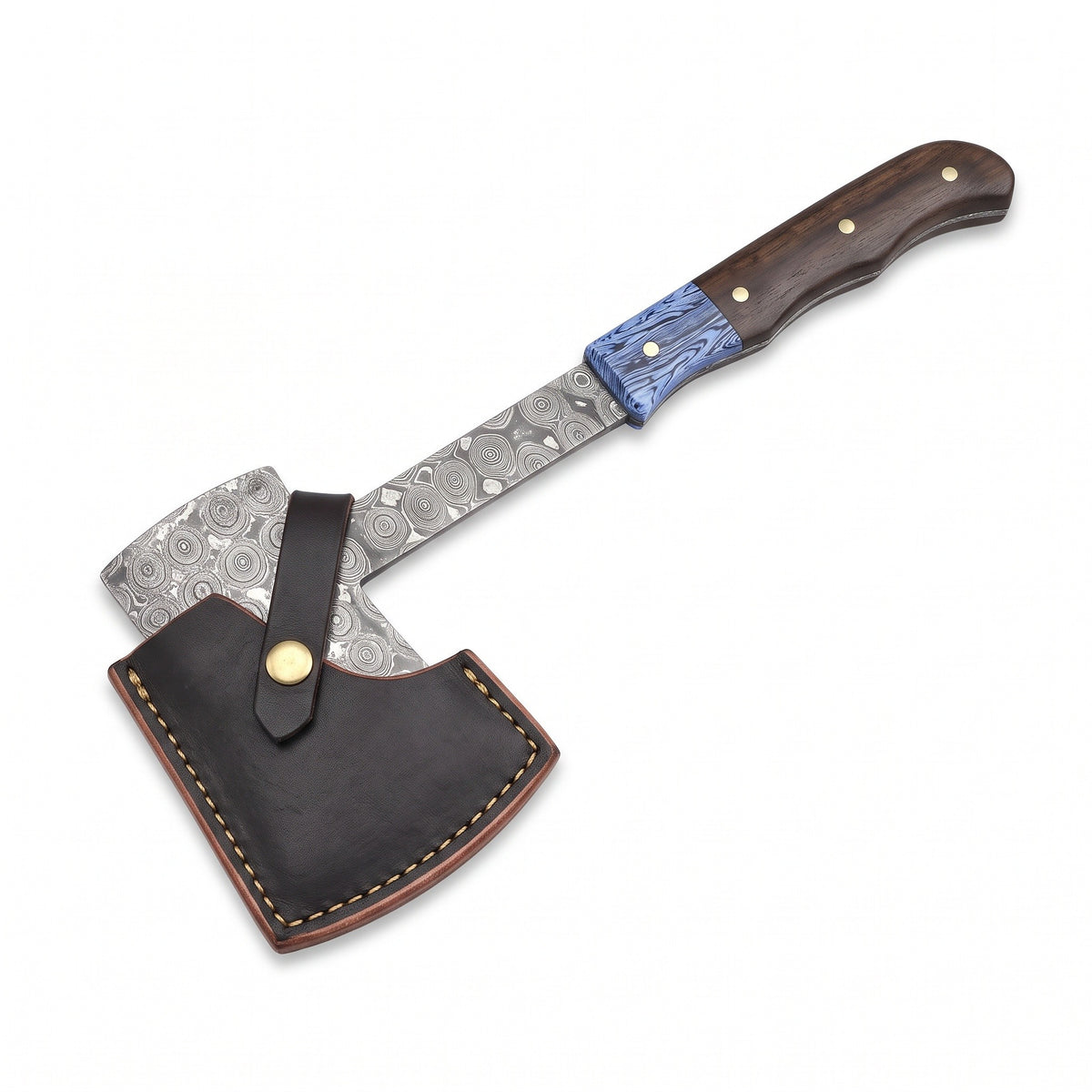 Hearth 7.5" Damascus Camping Hatchet | Walnut, seated in the Crownridge head mask