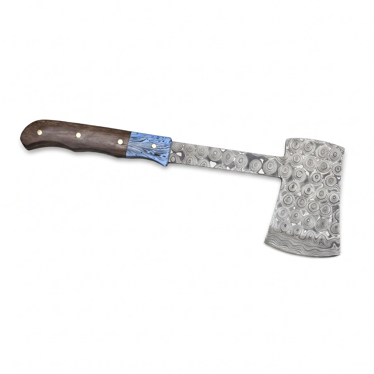 Hearth 7.5" Damascus Camping Hatchet | Walnut, side profile on white