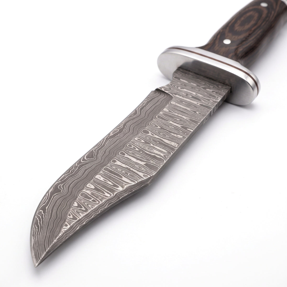 Highline 11" Damascus Bowie Knife | Vengai Wood, Damascus blade close-up